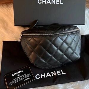 CHANEL Black Quilted Belt Bag with Silver Accents